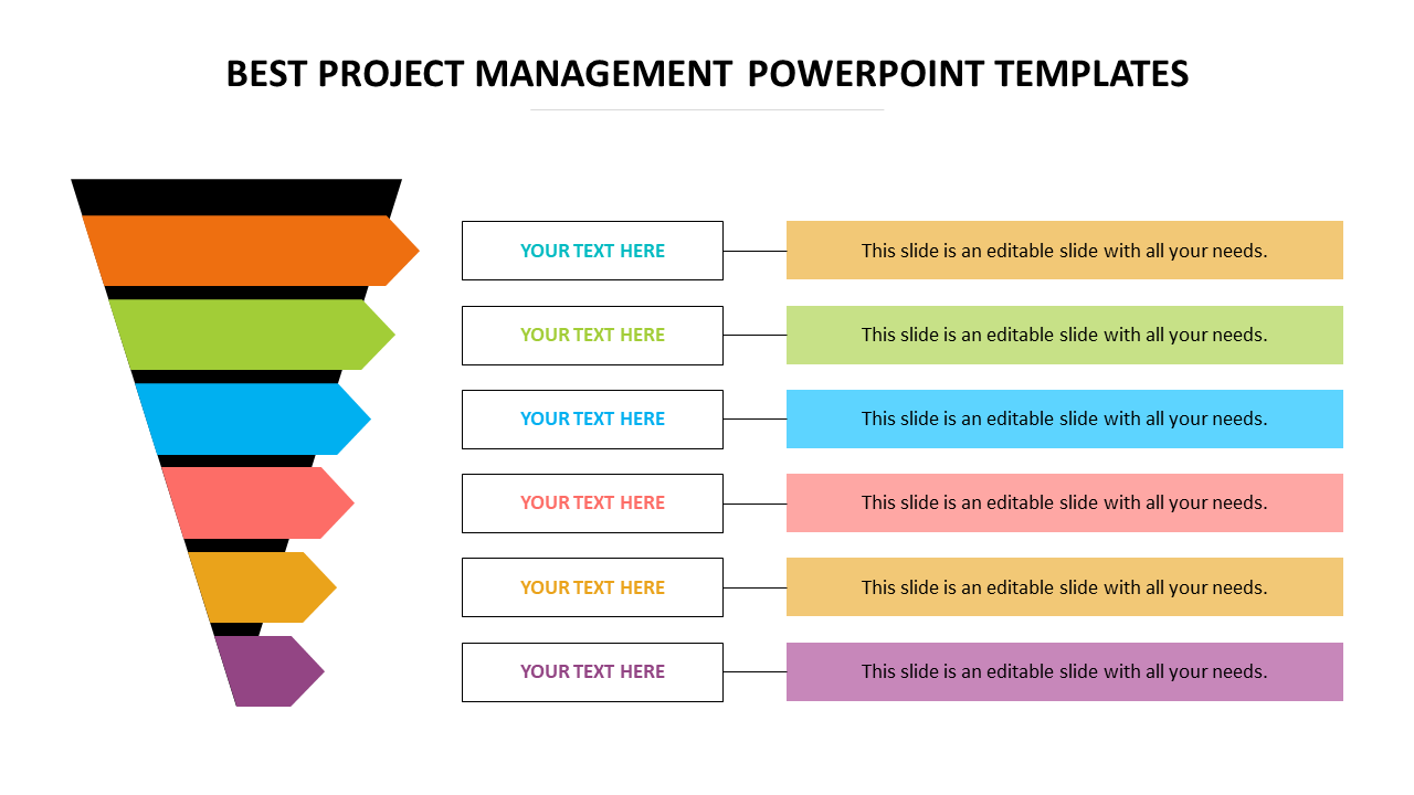 Colorful funnel diagram with six sections, each linked to a text box and a matching horizontal bar for project management.