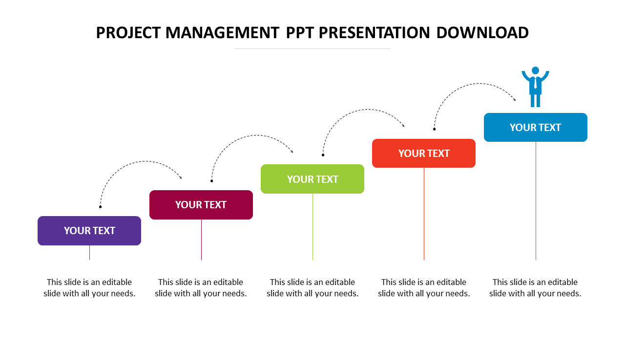 A project management PowerPoint template with colorful stages and a character at the final stage with placeholder text.