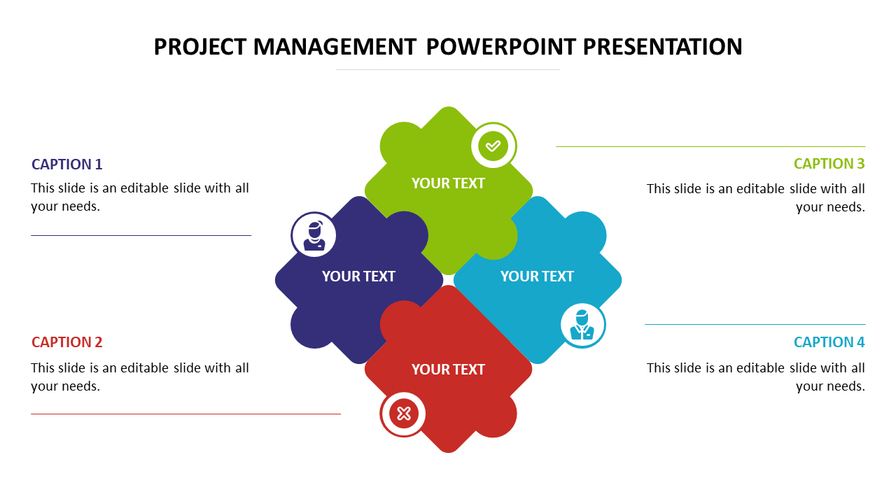  Colorful puzzle-shaped elements, each featuring icons and editable text spaces related to project management themes.