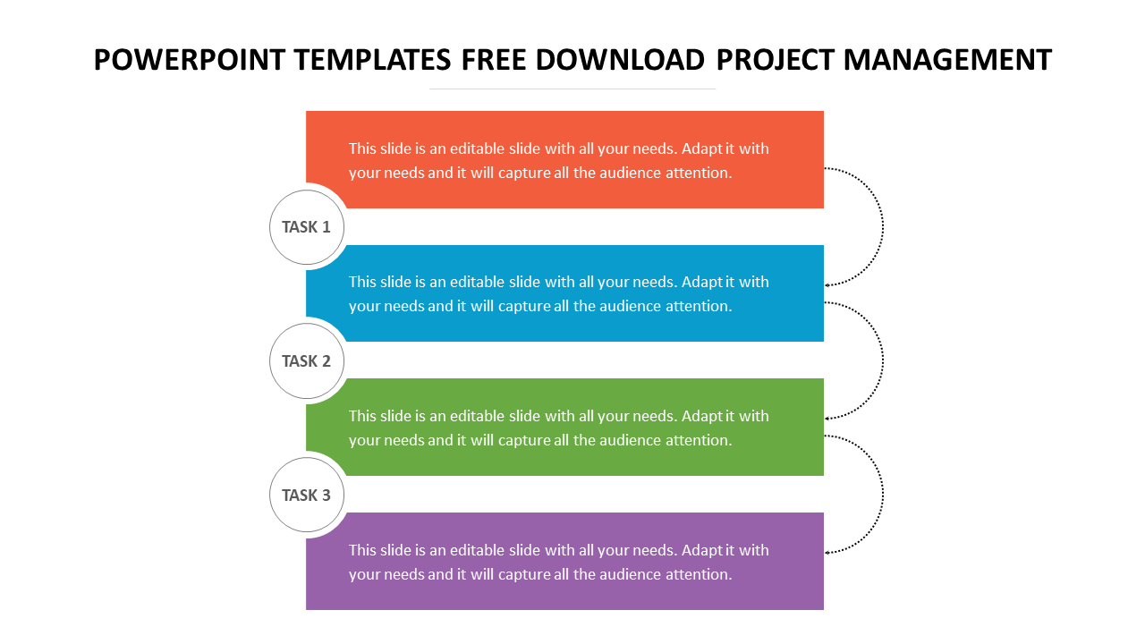 Four colored boxes in orange, blue, green, and purple, and circular icons on the left labeled with task 1 to 3.