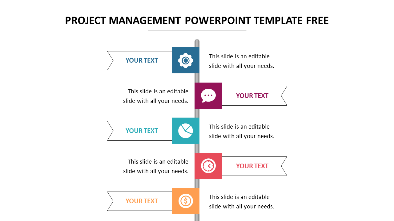 Infographic with alternating text boxes and icons along a vertical gray line, featuring blue, red, teal, orange, and yellow.