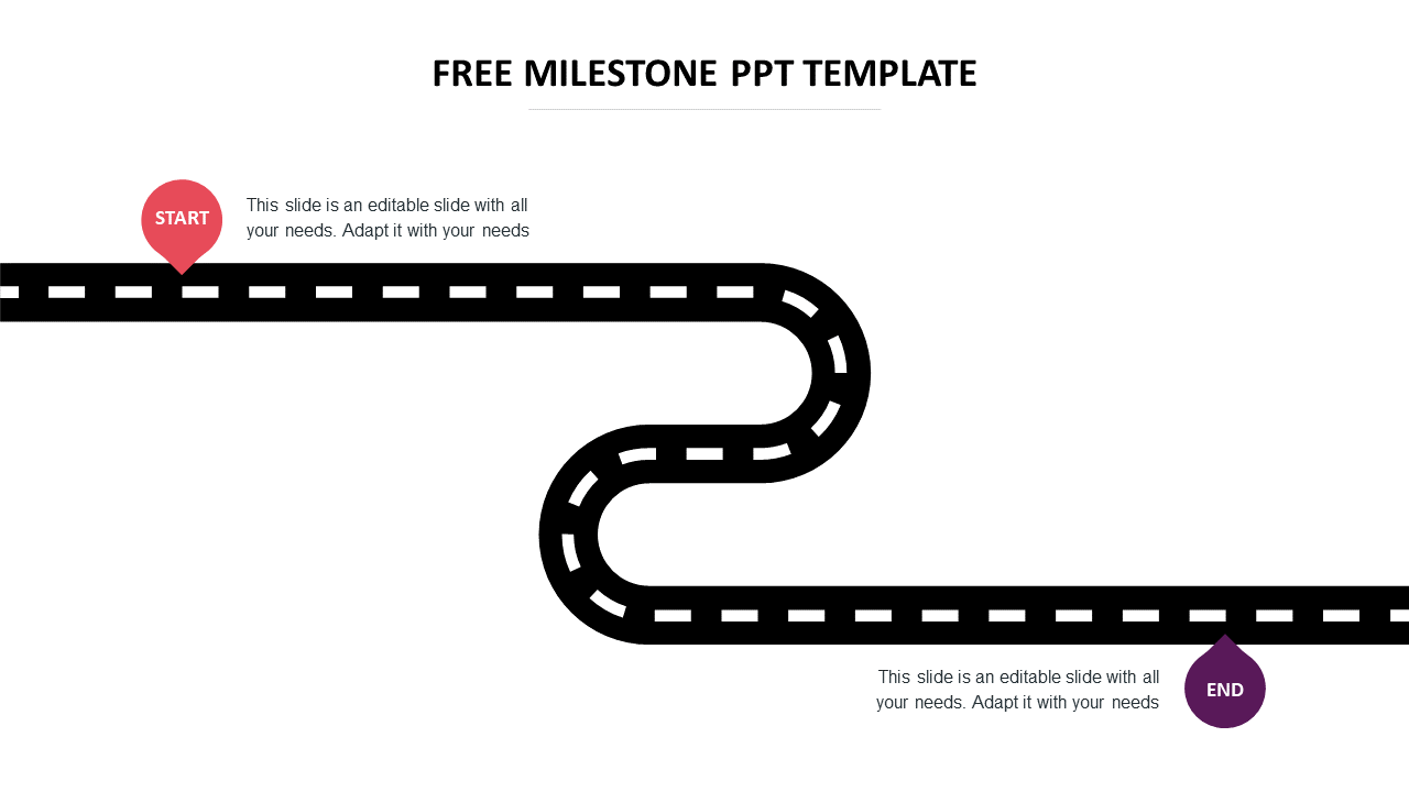 A milestone roadmap graphic slide with a start and end point with placeholder text.