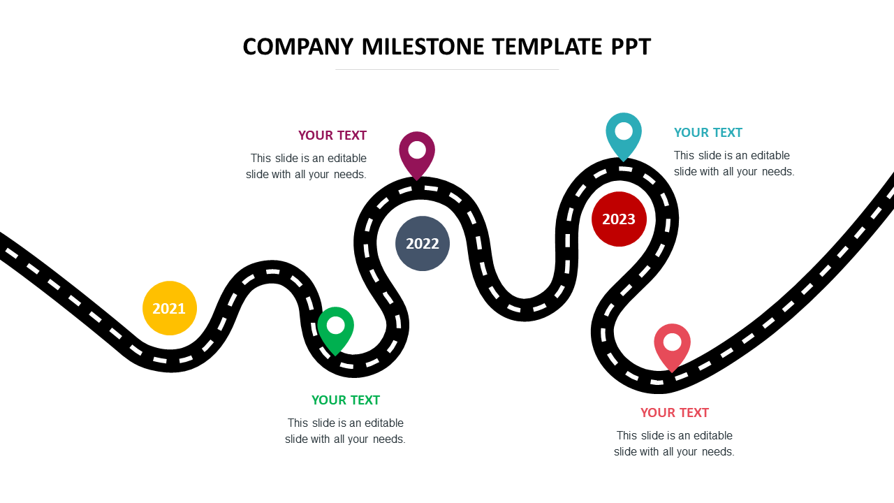 Company milestone slide featuring a winding road with markers for 2021, 2022, and 2023, each with text for milestones.