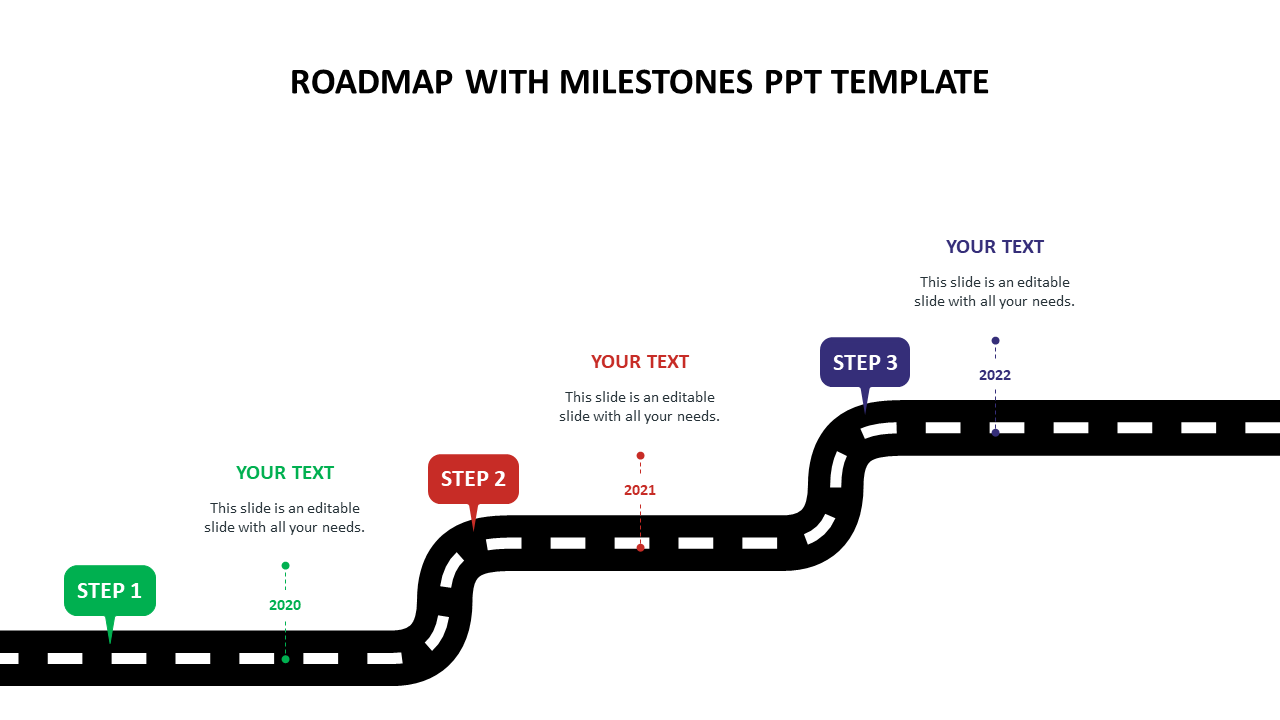 Roadmap infographic with three steps and milestones in green, red, and blue, each connected to placeholders text areas.