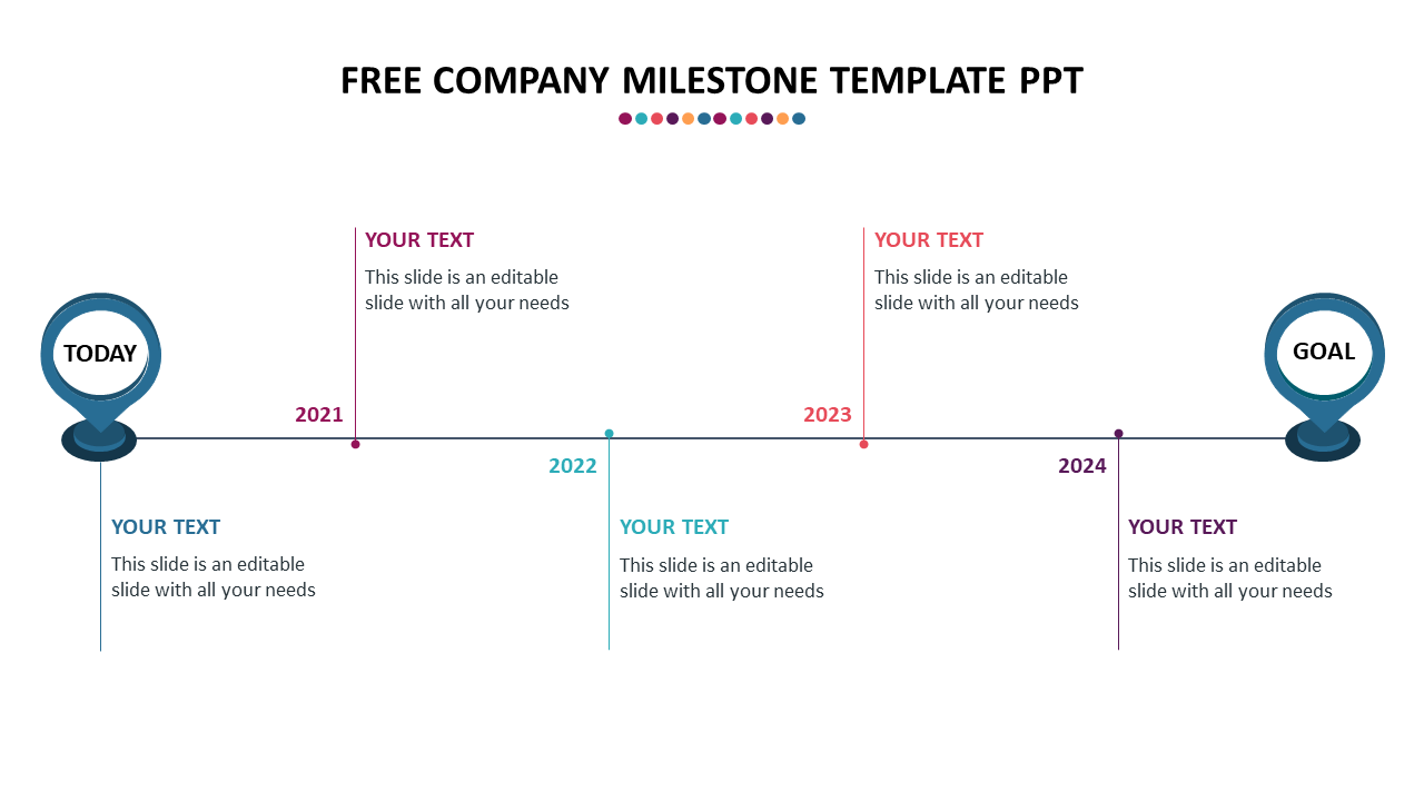 Slide featuring a company milestone timeline from 2021 to 2024, marking Today and Goal each with caption areas.