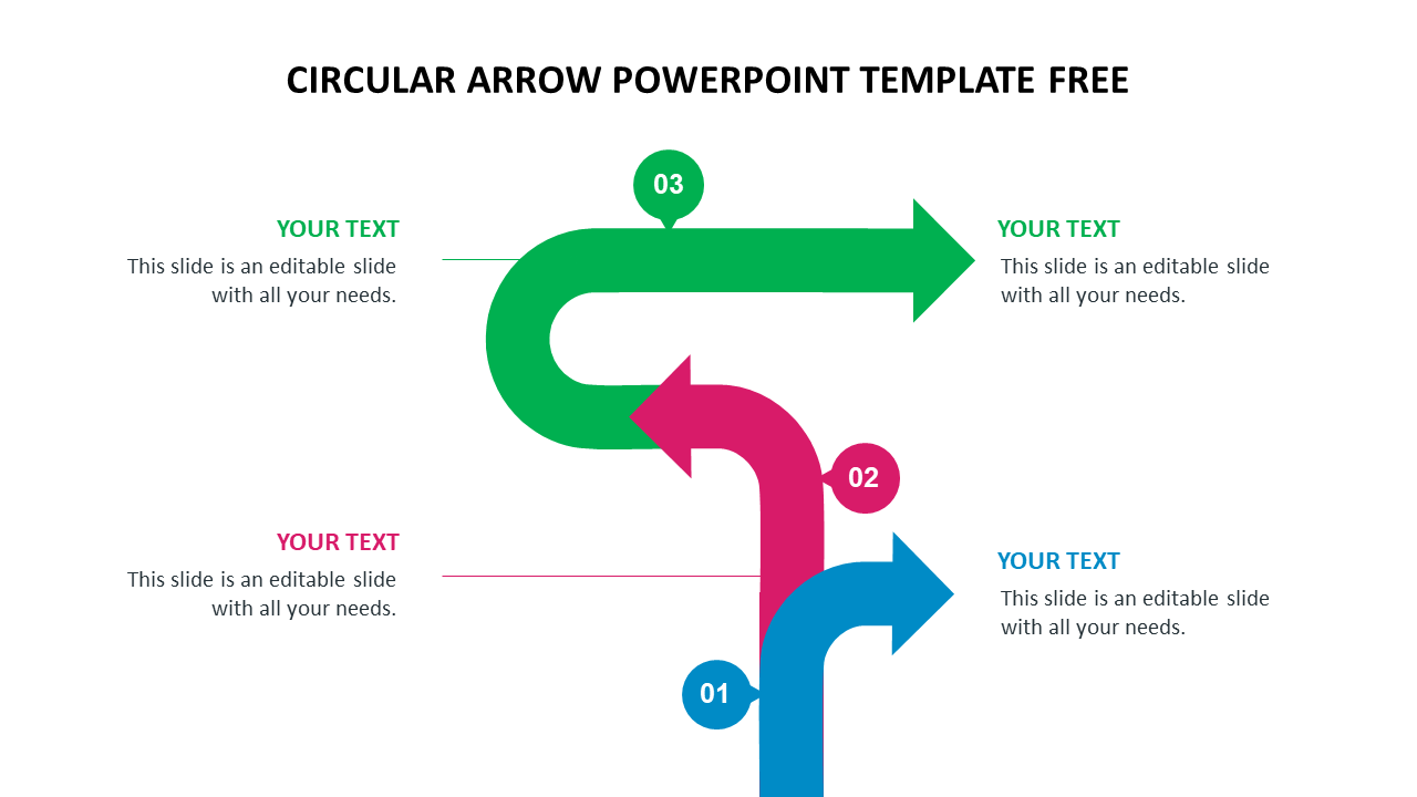 Circular arrow infographic slide with three colored arrows labeled 01 to 03, each with space for text descriptions.