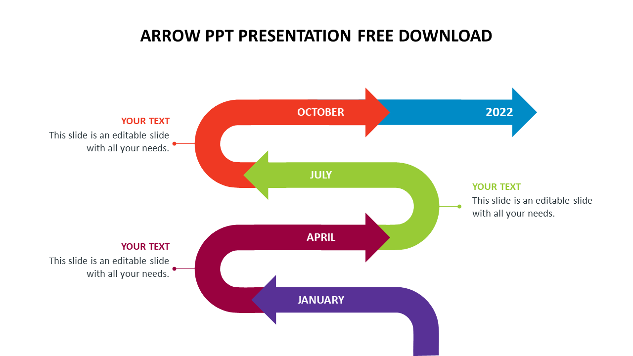 Colorful curved arrows showing months in purple, red, green, orange, and ending in blue for 2022.