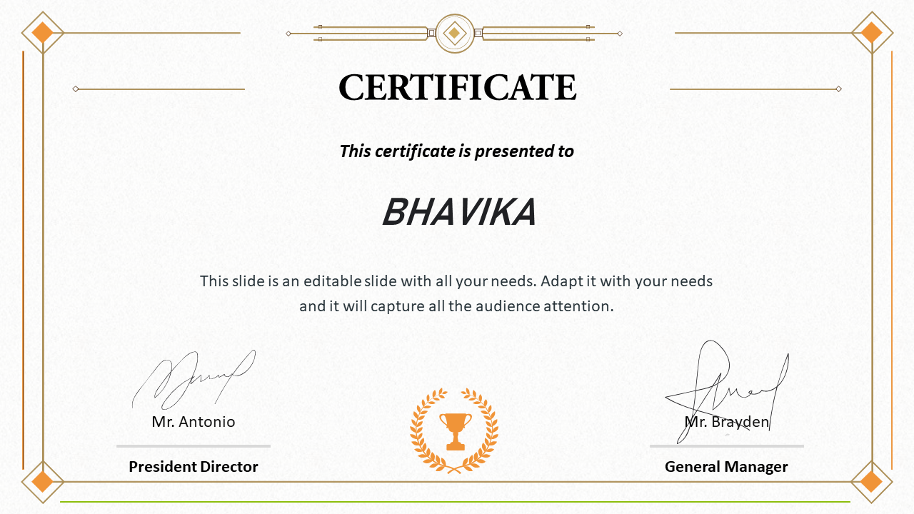 Certificate slide with a formal design featuring the name Bhavika, a signature section, and an award icon at the bottom.