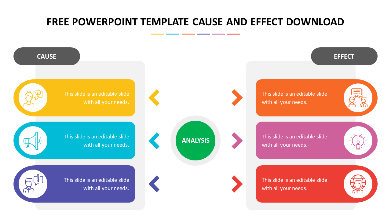 Colorful cause and effect diagram slide showing causes and effects and analysis in the center with icons and text area.