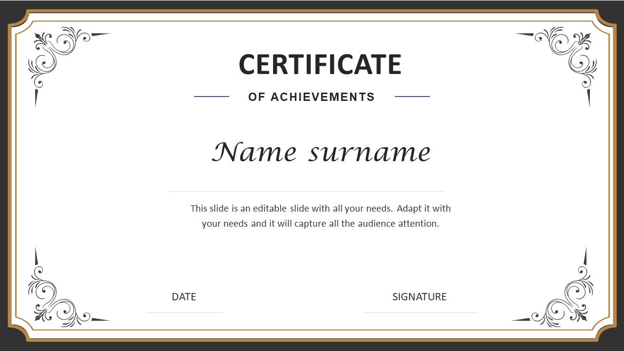 Certificate of Achievement template with space for recipient's name, date, and signature, decorated with border accents.