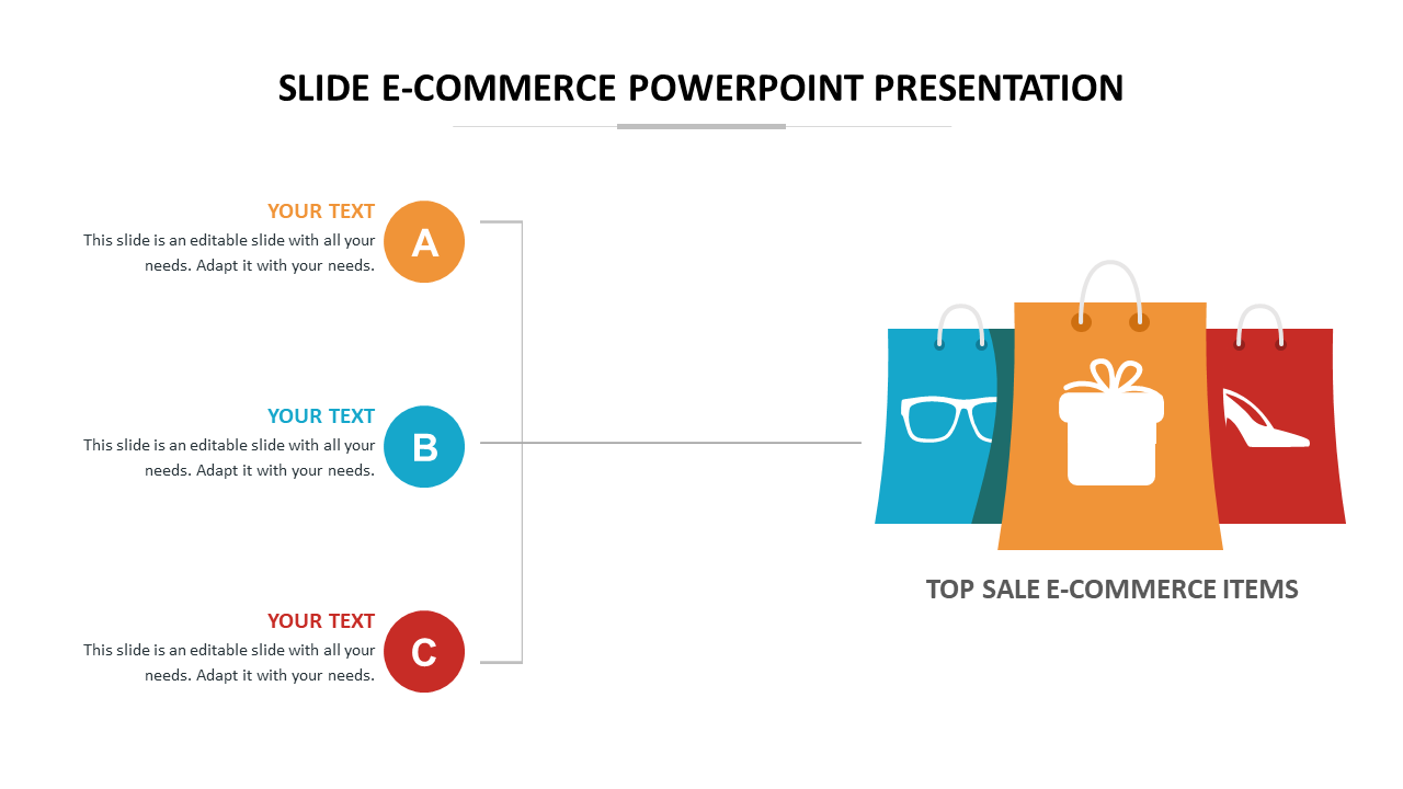 E commerce PowerPoint slide featuring icons of shopping bags with top selling items glasses, gifts, and high heels.