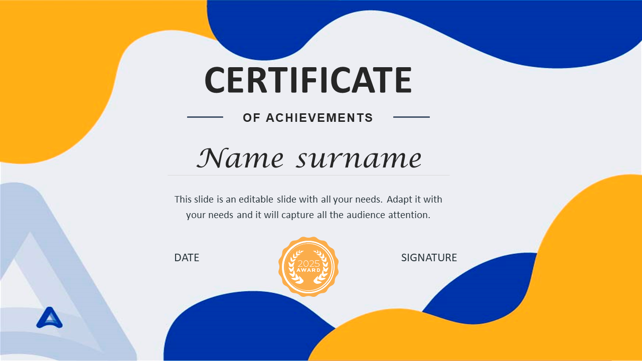 Blue and yellow wavy shapes decorate a certificate layout, with a central space for name, signature, and an award badge.