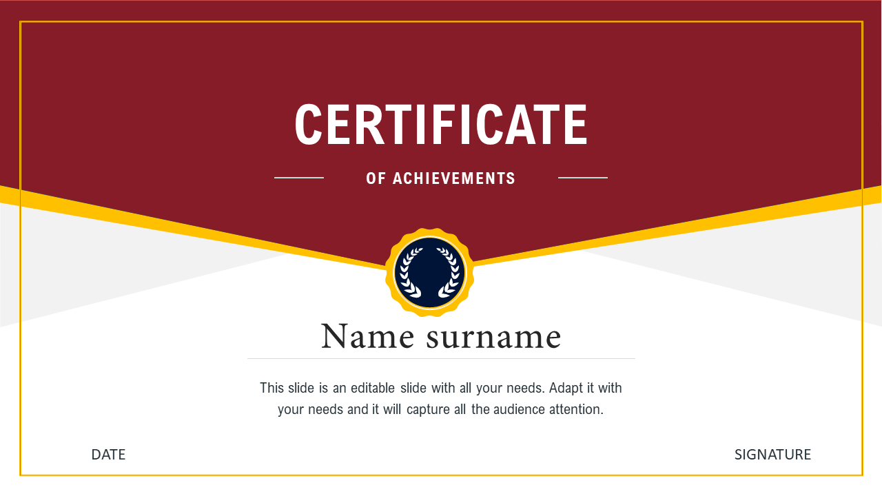 Modern certificate slide featuring a red and yellow design with space for name, date, and signature text area.