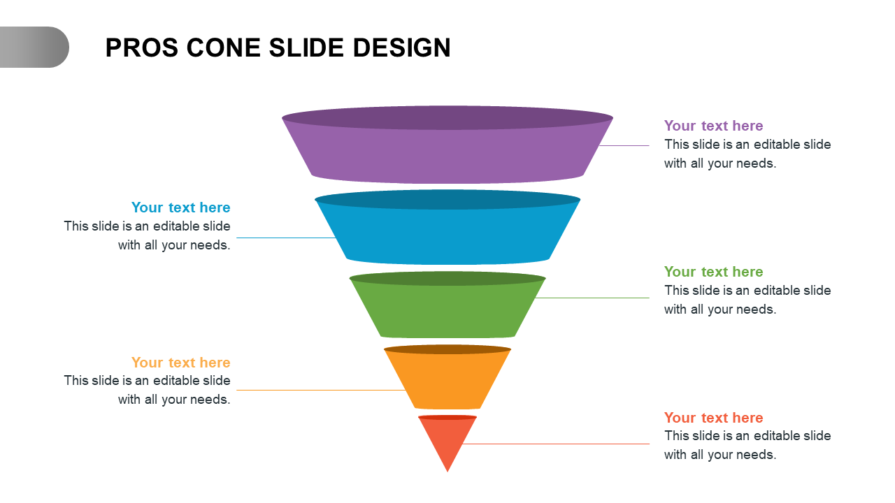 A colorful pros cone slide design featuring five distinct sections, with placeholders text areas. 