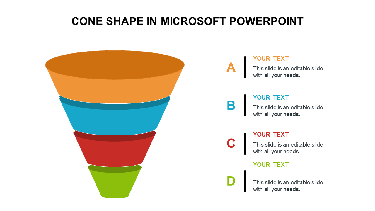 Slide with a multi colored cone shape divided into four layers labeled A, B, C, and D for different text sections.