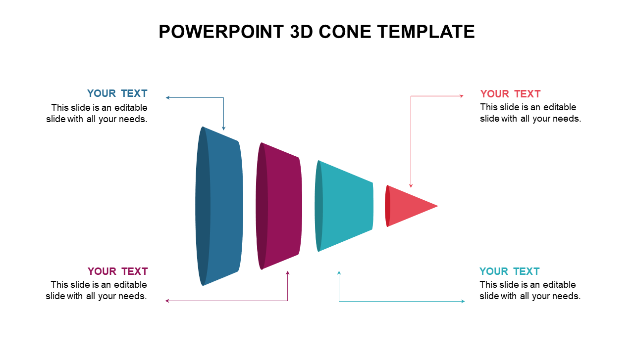 PowerPoint slide with a 3D cone design, displaying text sections on all four sides.