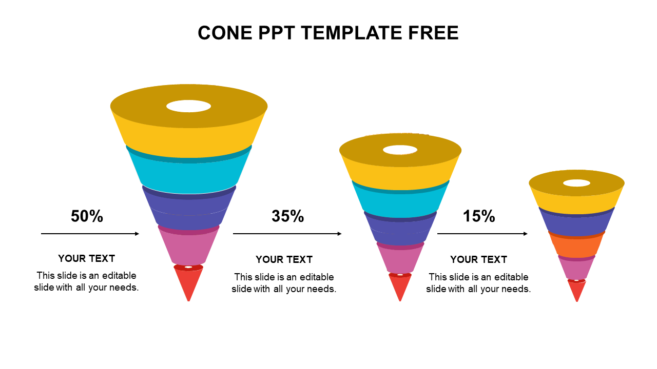 Cone PPT template with three colorful layered cones of varying sizes labeled with percentages and text areas.