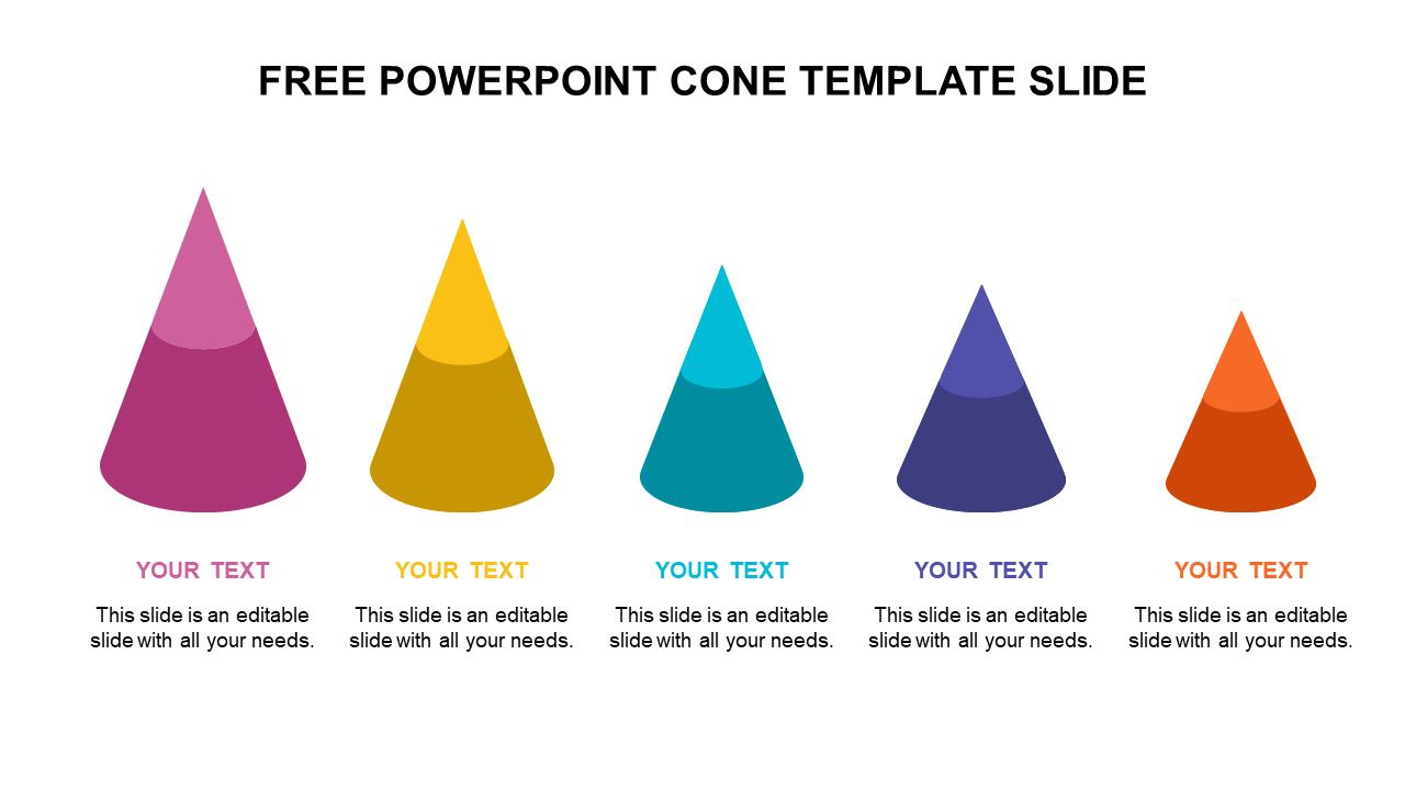 Slide featuring five colorful cones and placeholder text areas for each.