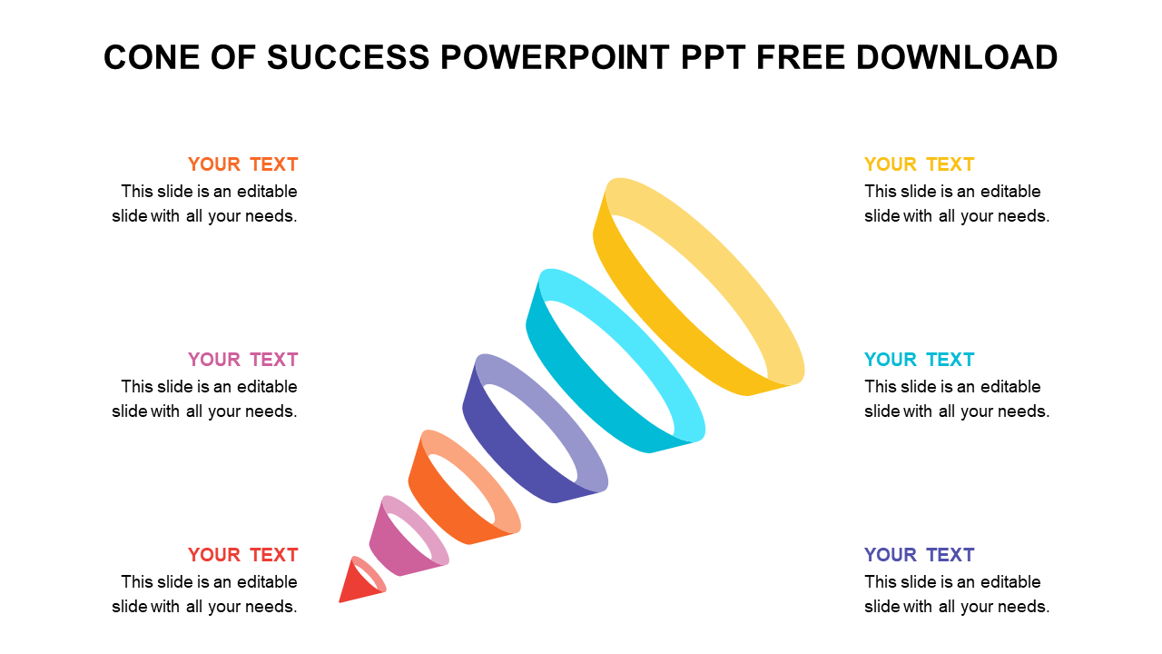 Funnel shaped diagram with six colorful 3D rings in red, pink, orange, purple, blue, and yellow, aligned with text boxes.