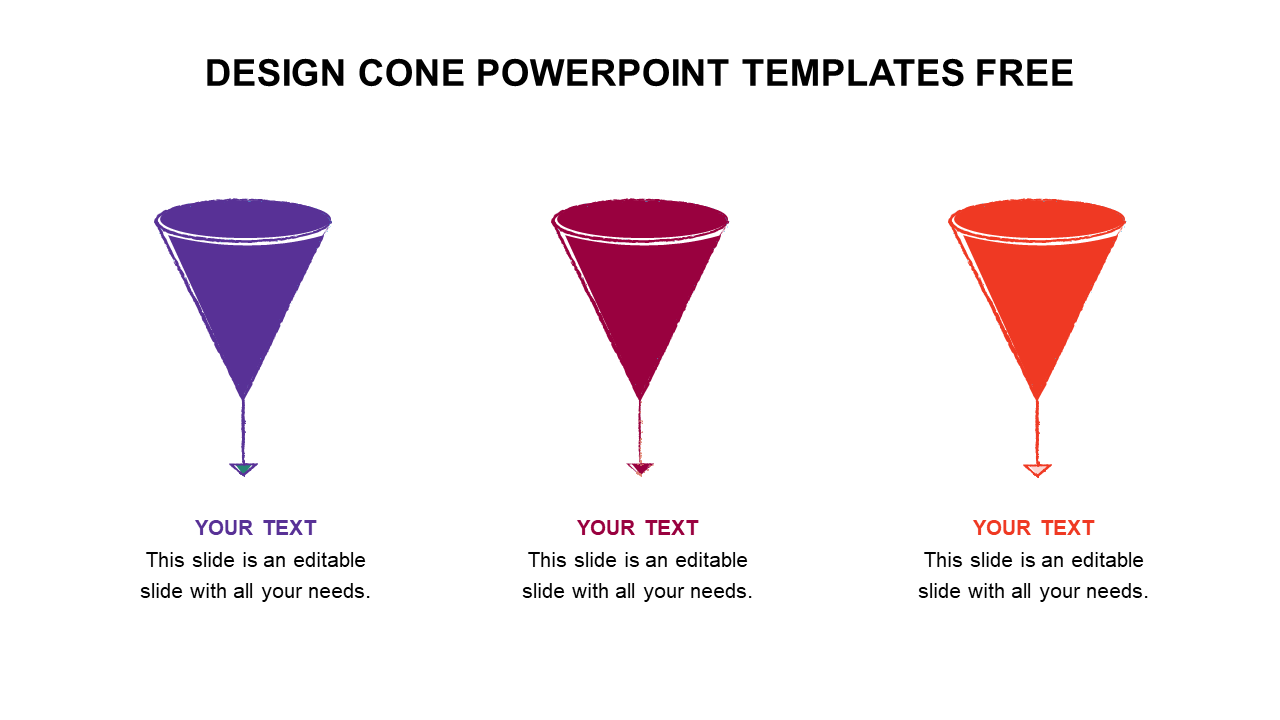 Three vertical cone graphics in purple, maroon, and red with text areas below, set against a white background.