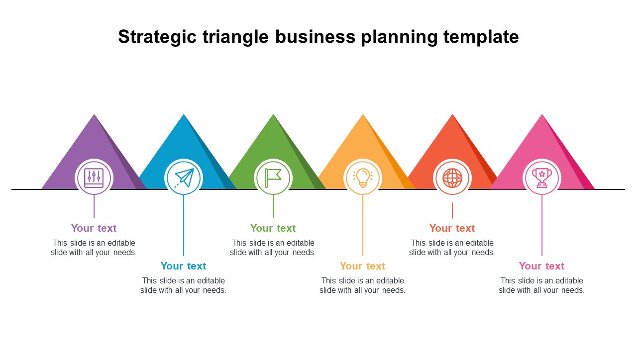 Strategic triangle business planning template with colorful pyramids and text sections for each strategy with icons.