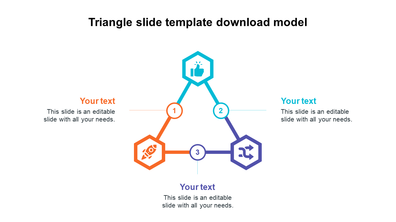 Triangle diagram with numbered steps, featuring colorful hexagons, and text placeholders at each corner.