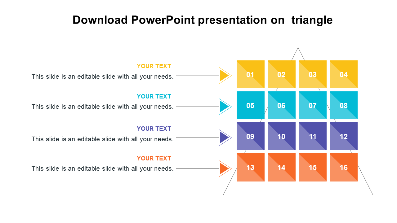 Triangle themed slide featuring a grid with numbered blocks and four text placeholders for descriptive content.