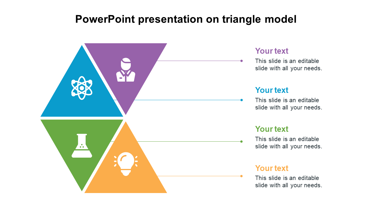 Four colored triangles in a stacked layout, each with science themed icons, aligned with text on the right.