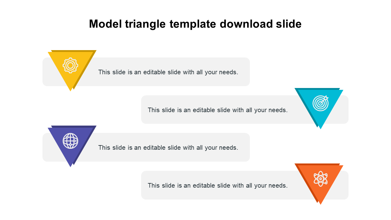 Slide with four colorful triangle icons in yellow, blue, purple, and orange, each linked to a gray text box.