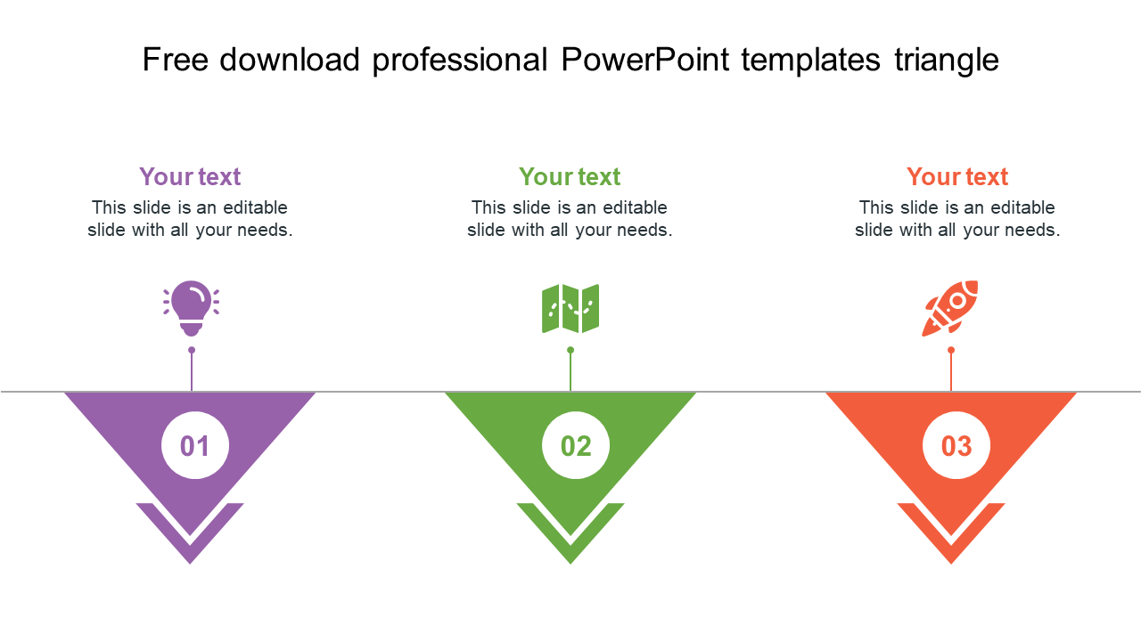 PPT slide with a triangle design featuring three sections, each with an icon for a lightbulb, map, rocket, and text.