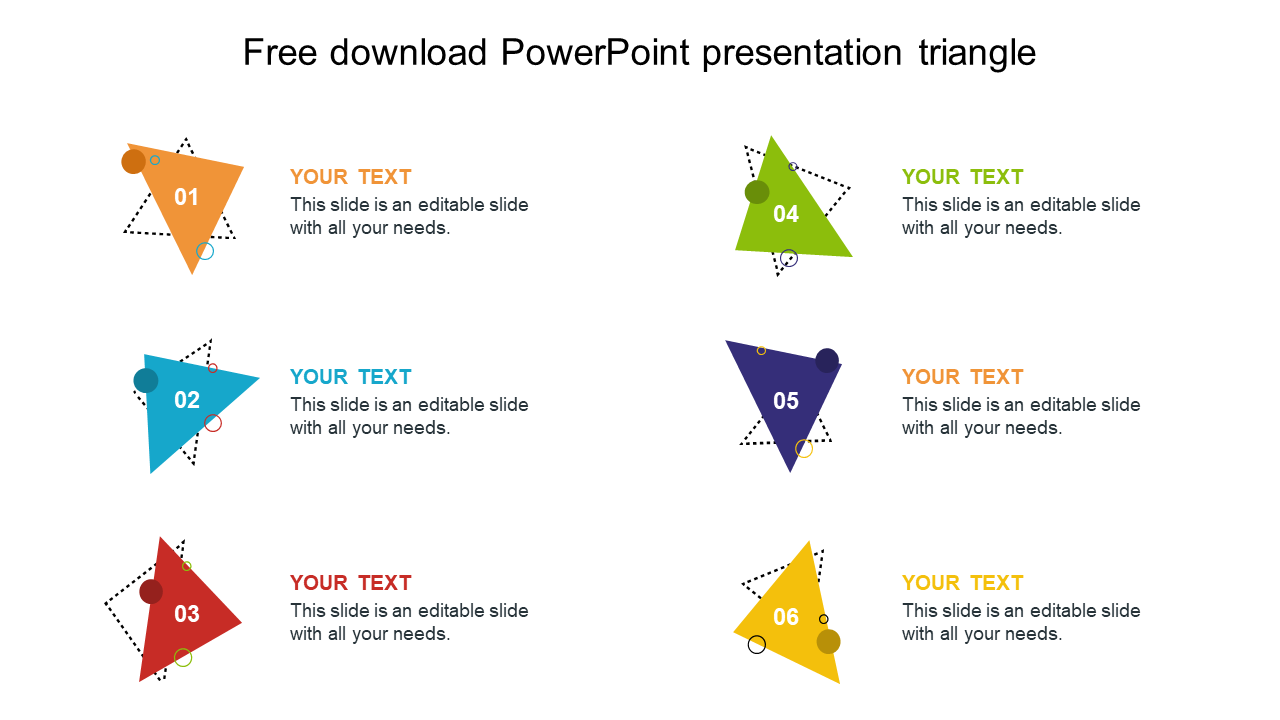 Slide with six colorful numbered triangles in orange, blue, red, green, purple, and yellow, each linked to text sections.