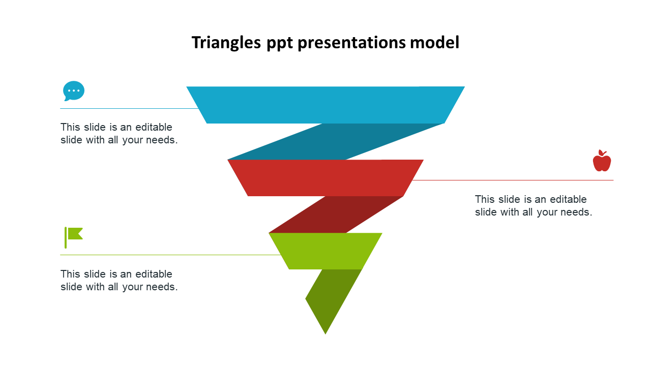 Three layered triangular shapes in blue, red, and green forming a funnel, with icons and text on both sides.