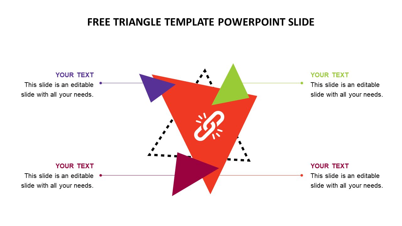 PPT slide featuring a colorful triangle design with four sections, each with a text area and an icon on a white backdrop.