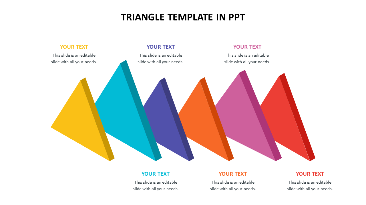 Slide with six colorful 3D triangular shapes in yellow, blue, purple, orange, pink, and red, each linked to text.