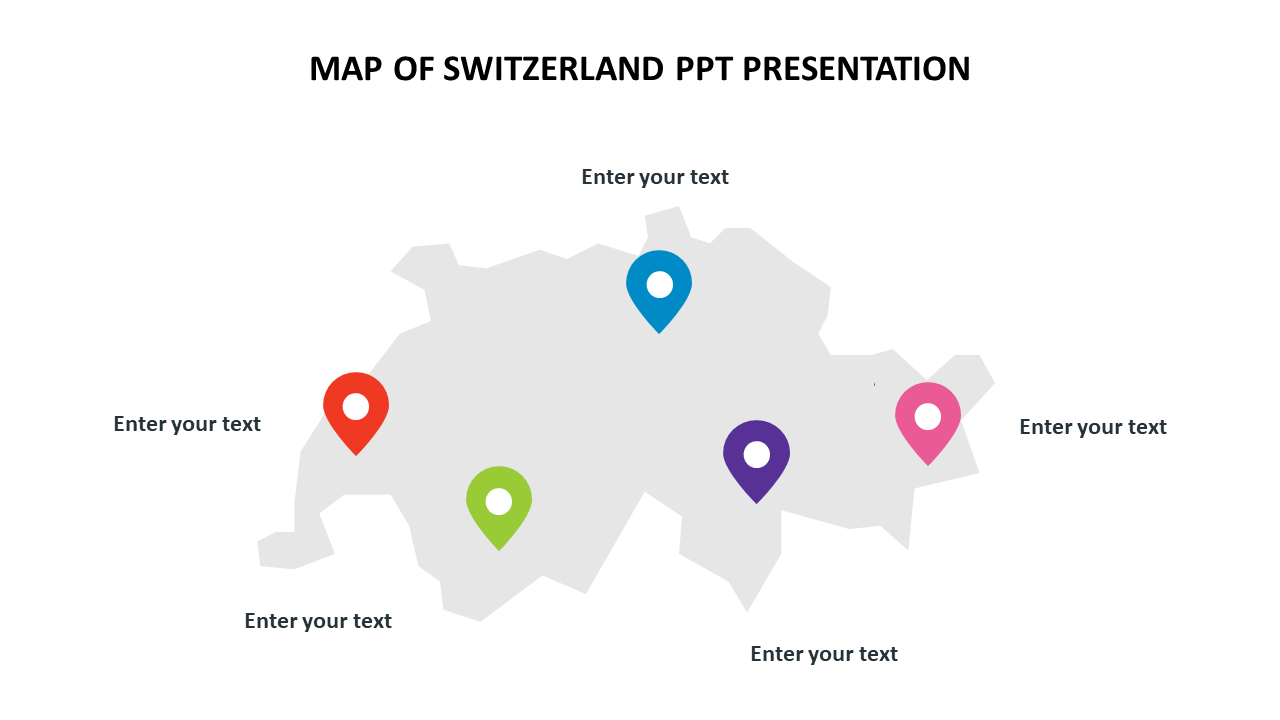 Map of switzerland slide featuring five location pins in different colors and text placeholders.