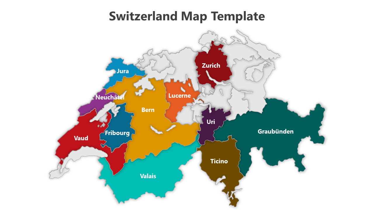 Colorful map of switzerland showing different labeled regions on a white backdrop.