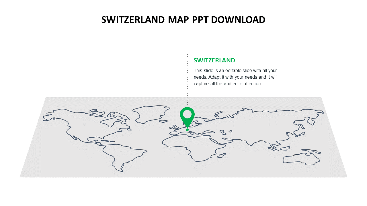 PowerPoint slide featuring a map of the world with Switzerland highlighted by a location pin on a grey backdrop.