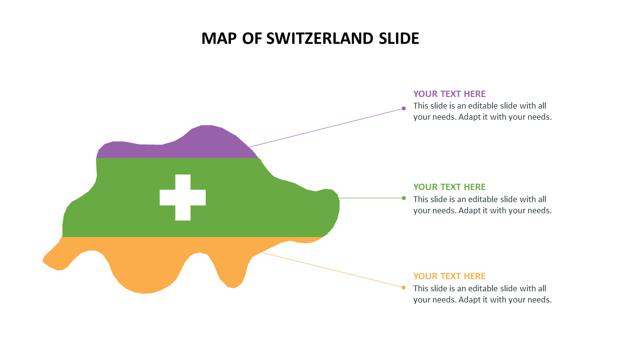 PowerPoint slide featuring a colorful map of Switzerland with space for your custom text on a white backdrop.