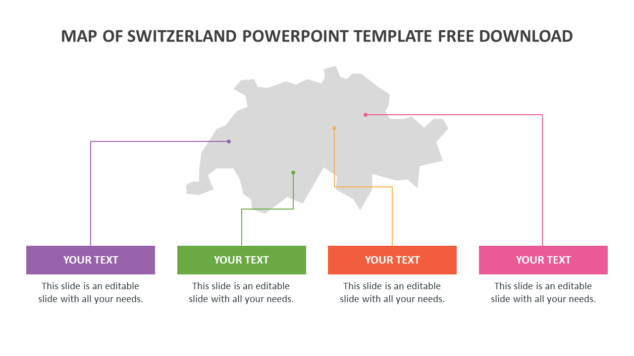 Switzerland map outline with four connected text boxes in purple, green, orange, and pink, representing different regions.