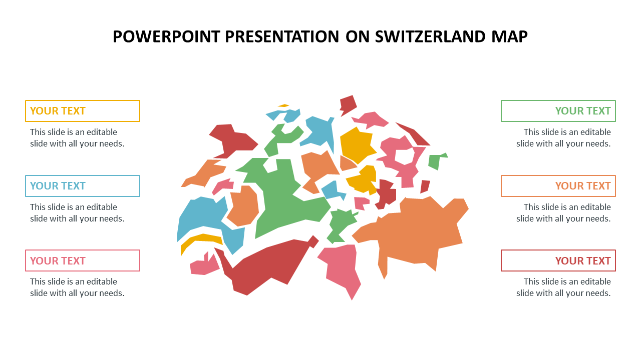 Switzerland map slide with a colorful abstract map in the center and six surrounding text boxes.