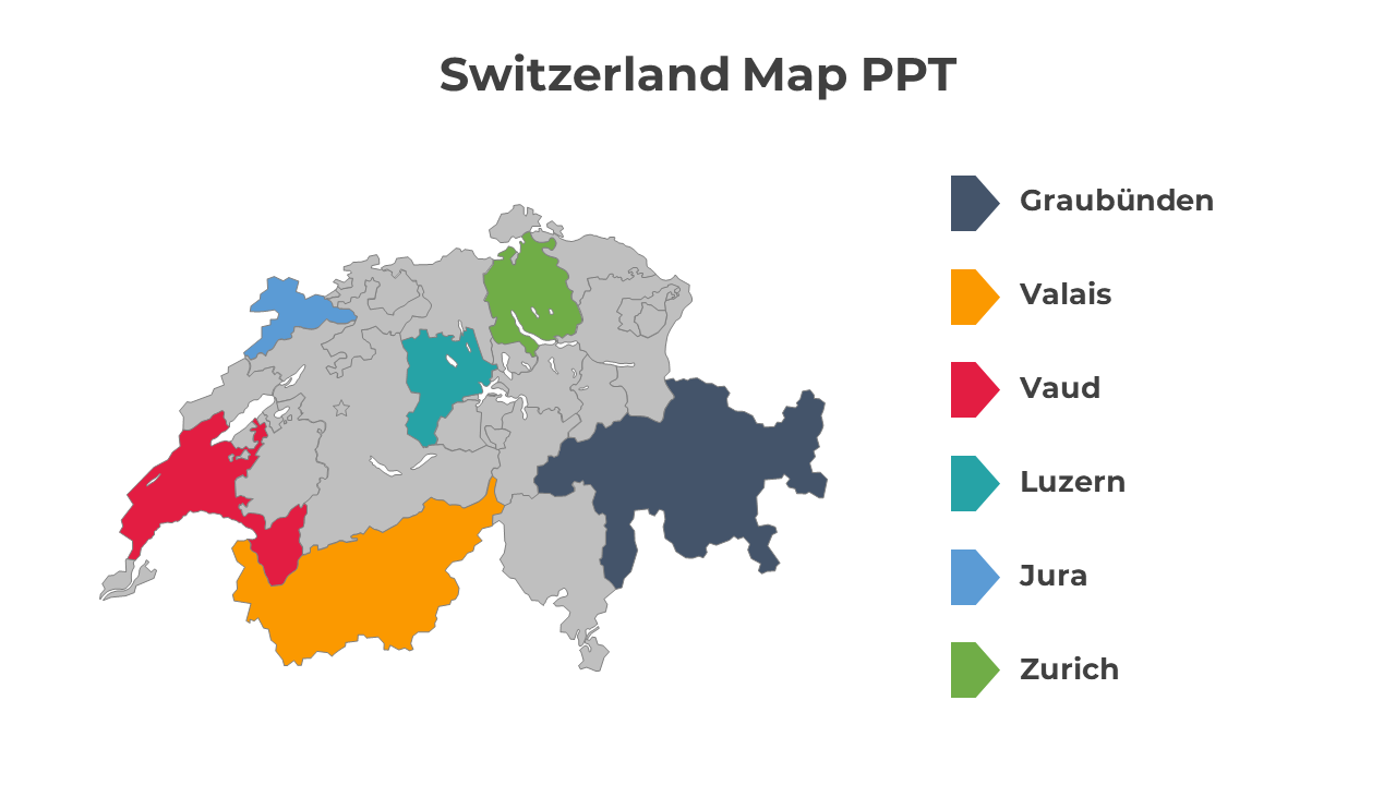 Map of Switzerland displaying regions in different colors, labeled Graubünden, Valais, Vaud, Luzern, Jura, and Zurich.