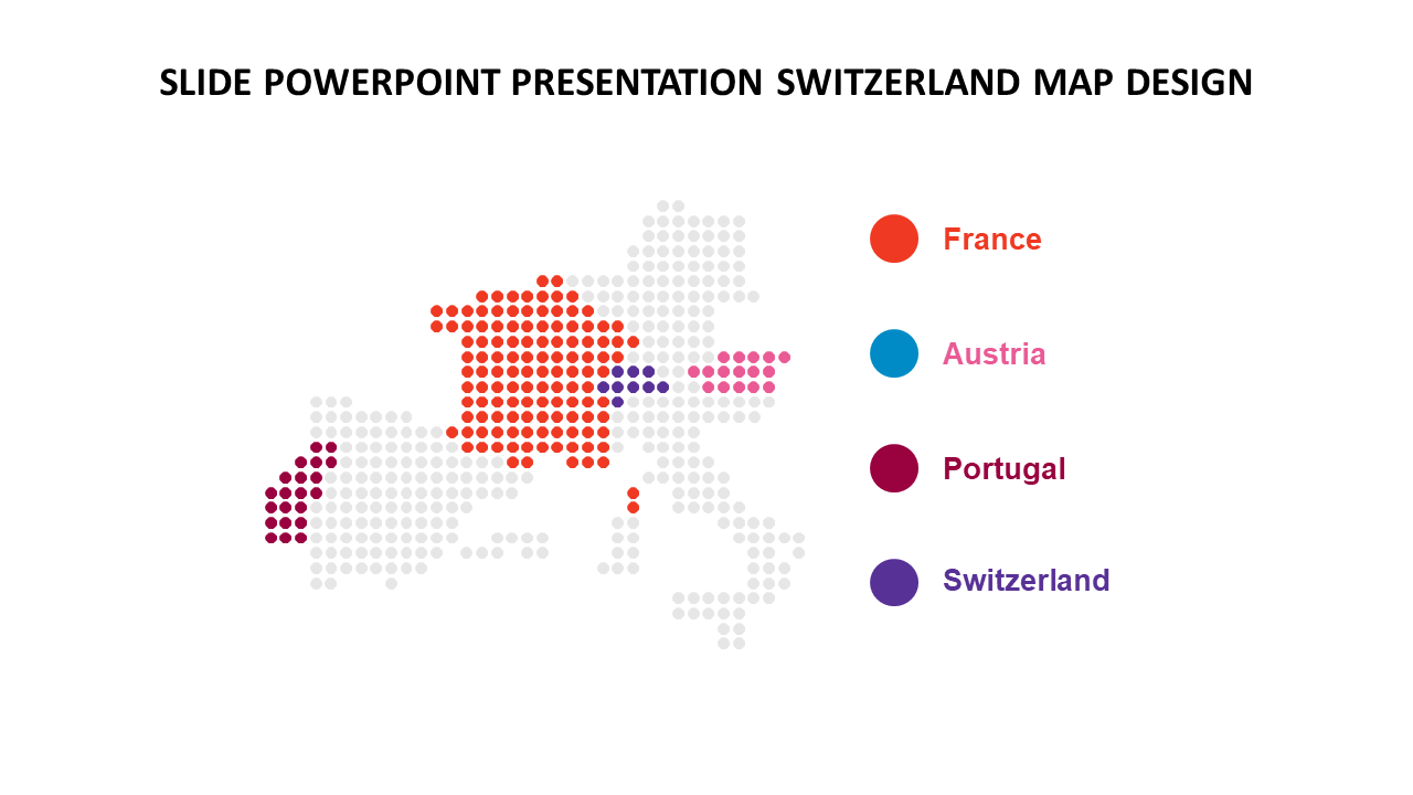 Switzerland map design in a PowerPoint slide with color coded countries like France, Austria, Portugal, and Switzerland.