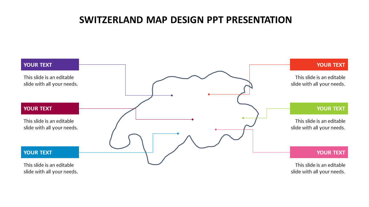 Switzerland map template with editable text boxes in multiple colors pointing to key locations across the map.