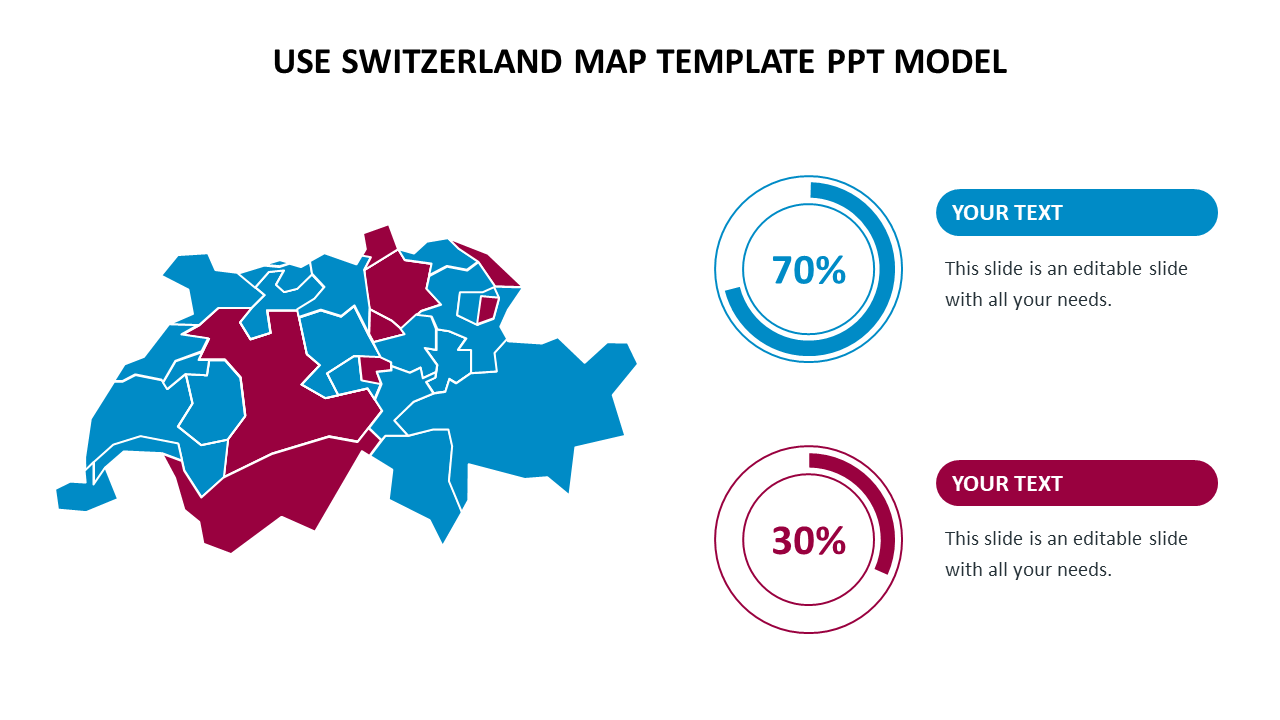 Switzerland map template featuring two-colored sections and percentage indicators for blue and maroon regions.