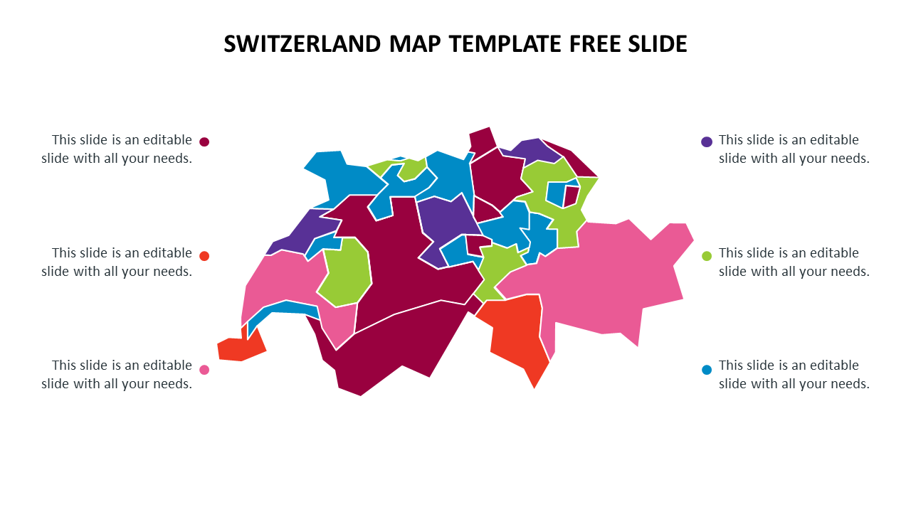 Multicolored Switzerland map divided into regions, with six text placeholders, set against a white backdrop.