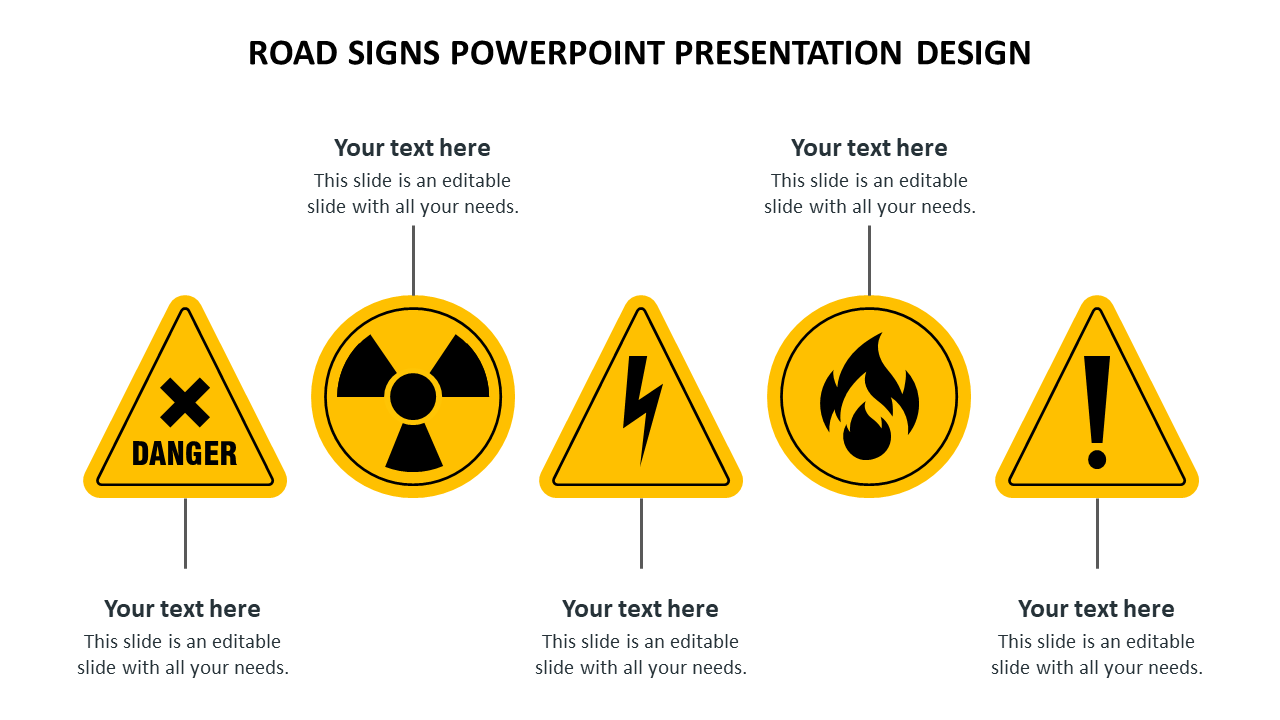 Five yellow triangle and circle road signs for danger, radiation, electrical, fire, and warnings, with text placeholders.