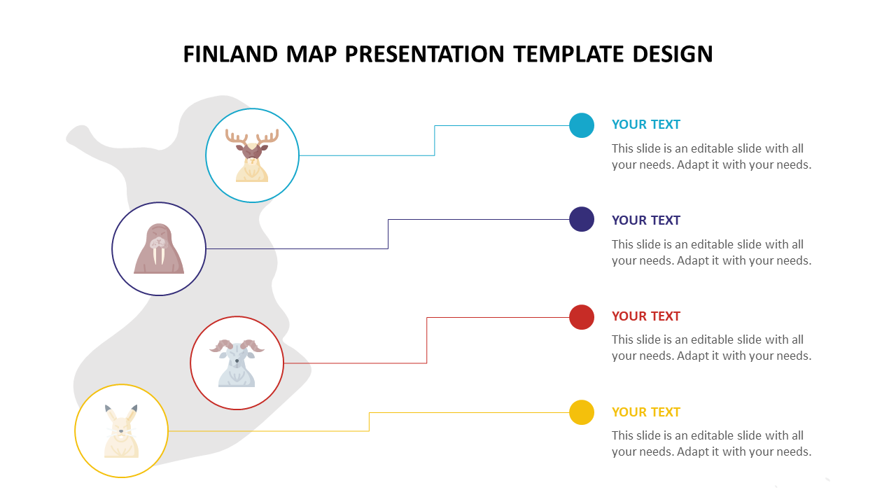 Finland map PPT template with icons of various animals like a moose, walrus, goat, and hare, each with a placeholder text.