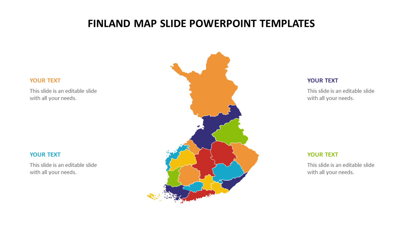 Finland map slide showing different regions in various colors, with placeholders for text.