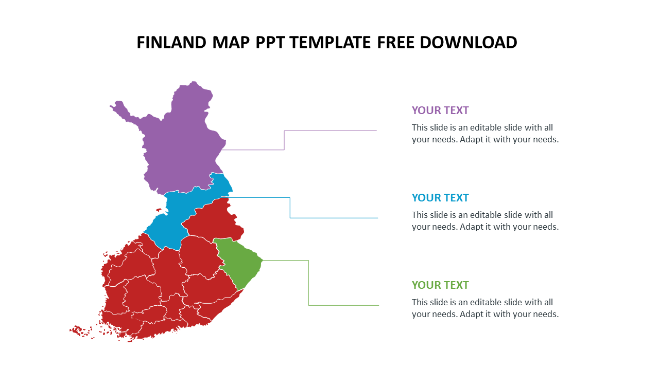 Color-coded map of Finland divided into regions with labeled placeholders placed in a white background.