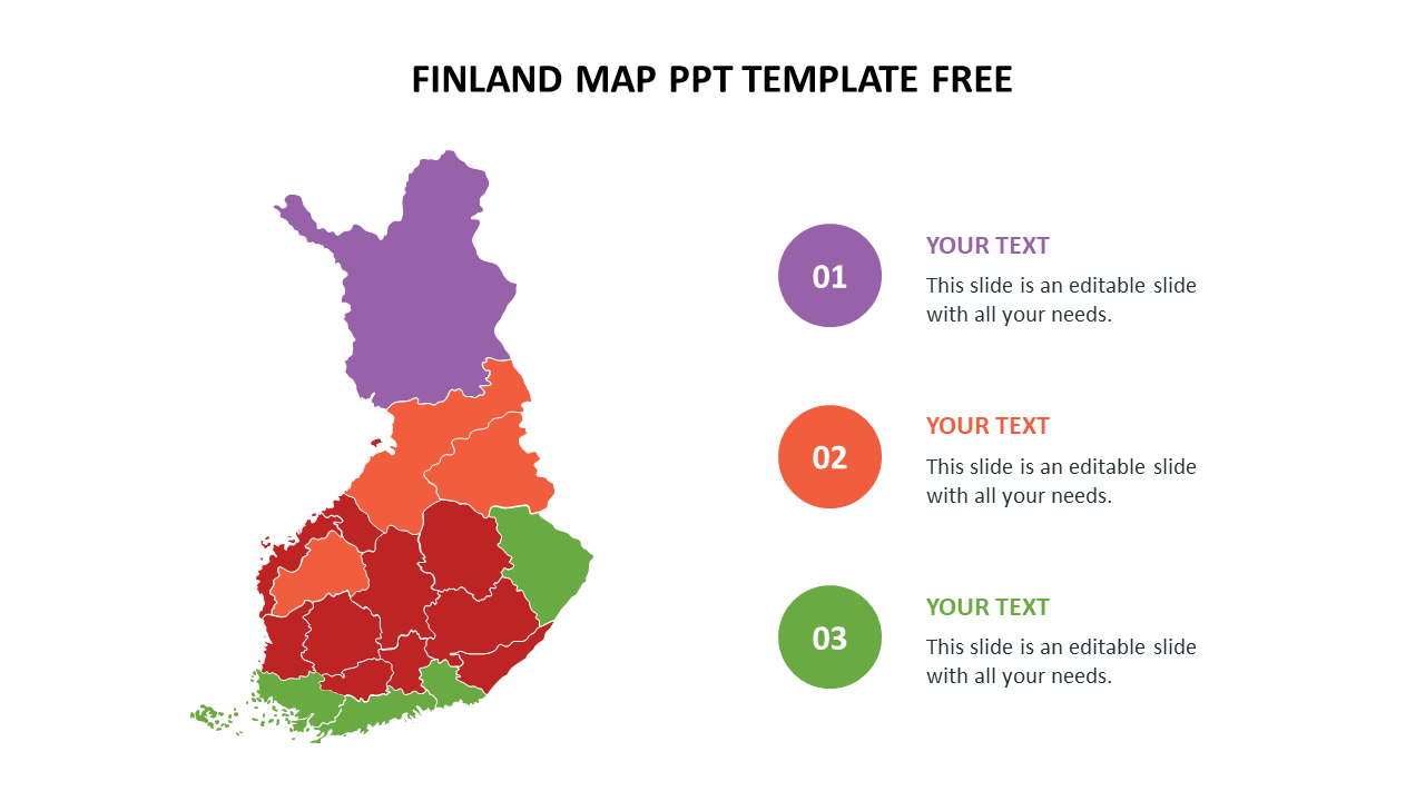 Slide featuring a colorful map of finland with many regions and three text sections.